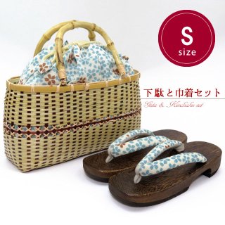 ちりめん生地の籠付巾着と下駄(S)のペアセットを追加しました。