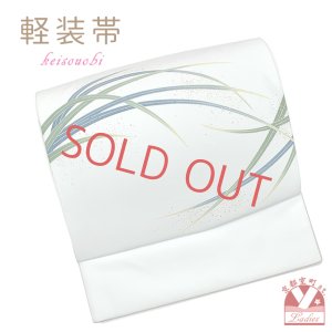 画像1: お太鼓 軽装帯 着物 お太鼓結びの付け帯 合繊【白水色系、萱と露】 (1)