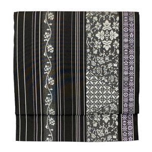 画像2: 軽装帯 お太鼓結びの付け帯 合繊【黒灰系、線に華様紋】 (2)