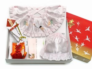 画像11: お宮参り よだれかけ 帽子セット 初着 産着 刺繍入り 涎かけ 帽子 小物 女の子 4点セット 化繊 日本製【薄ピンク、鶴】 (11)