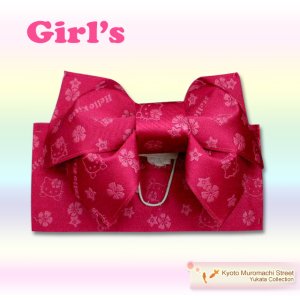 画像1: 子供浴衣帯 “ハローキティー”の女の子用作り帯(結び帯)【濃いピンク】 (1)