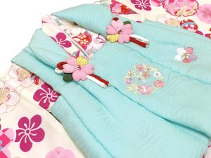 画像3: ベビー 初節句 着物 女の子 赤ちゃん用 被布コート 二部式着物 セット(合繊)【水色ｘクリーム、雪輪と市松】 (3)