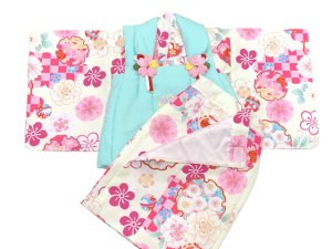 画像4: ベビー 初節句 着物 女の子 赤ちゃん用 被布コート 二部式着物 セット(合繊)【水色ｘクリーム、雪輪と市松】 (4)
