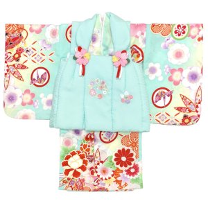 画像2: ベビー 初節句 着物 女の子 赤ちゃん用 被布コート 二部式着物 セット(合繊)【ミント系、古典柄】 (2)