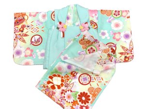 画像4: ベビー 初節句 着物 女の子 赤ちゃん用 被布コート 二部式着物 セット(合繊)【ミント系、古典柄】 (4)