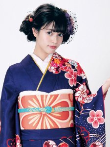 画像2: 振袖 セット 成人式 正月 H・Lブランド 絵羽柄の振袖 袋帯 小物 6点セット【紺系、菊に桜】 (2)