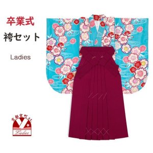 画像1: 袴セット 卒業式 女子用 短尺 古典柄の小振袖(二尺袖の着物)と無地袴のセット【水色、梅】 (1)