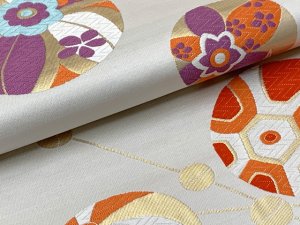画像4: 西陣織(子供)袋帯 高級 全通 仕立て上がり 十三参り 七五三に【生成り系、折り鶴と鞠】 (4)