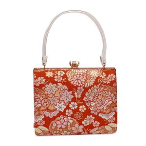 画像2: 七五三 バッグ 子供用 金襴生地 がまぐちバッグ 合繊【赤、古典花】 (2)