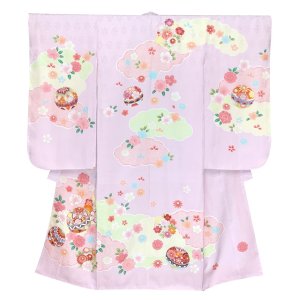 画像2: 七五三 7歳 女の子 着物フルセット 正絹 日本製 金駒刺繍 四つ身の子供着物と結び帯 コーデセット【藤色、鞠と雲】 (2)