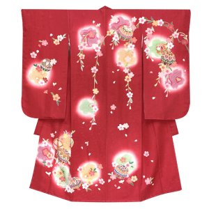 画像2: 七五三 着物 正絹 フルセット 7歳 女の子 金彩加工 裏地正絹 四つ身の子供着物と結び帯 コーディネートセット【赤、二つ鞠】 (2)