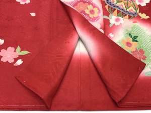 画像5: 七五三 着物 正絹 フルセット 7歳 女の子 金彩加工 裏地正絹 四つ身の子供着物と結び帯 コーディネートセット【赤、二つ鞠】 (5)