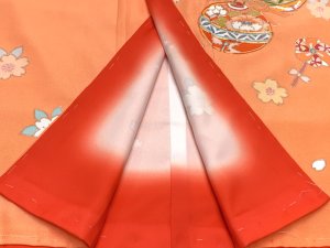 画像5: 七五三 7歳 女の子 着物セット 正絹 絵羽付け 金駒刺繍 子供着物と結び帯 コーディネートセット【オレンジ系、鈴】 (5)