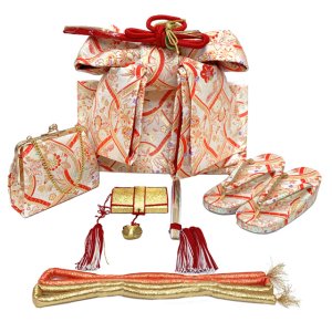 画像6: 七五三 7歳 女の子 着物セット 正絹 絵羽付け 金駒刺繍 子供着物と結び帯 コーディネートセット【オレンジ系、鈴】 (6)