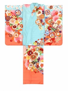 画像3: ジュニア 振袖 絵羽柄 145cm-158cm向け 長襦袢付き 合繊 小学校の卒業式 十三参り お正月に【水色ｘ橙、熨斗に花爛漫】 (3)