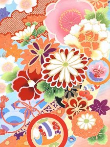 画像5: ジュニア 振袖 絵羽柄 145cm-158cm向け 長襦袢付き 合繊 小学校の卒業式 十三参り お正月に【水色ｘ橙、熨斗に花爛漫】 (5)