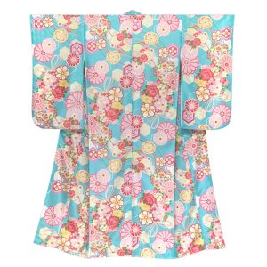 画像2: ジュニアサイズ 振袖 小紋柄 150サイズ 合繊　お正月 卒業式袴に【水色、古典柄】 (2)