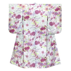 画像2: ジュニアサイズ 振袖 小紋柄 150サイズ 合繊　お正月 卒業式袴に【白地ｘ銀灰、雪輪と水引き】 (2)