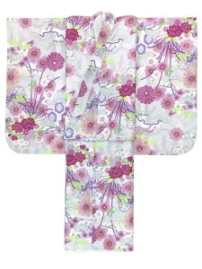 画像3: ジュニアサイズ 振袖 小紋柄 150サイズ 合繊　お正月 卒業式袴に【白地ｘ銀灰、雪輪と水引き】 (3)