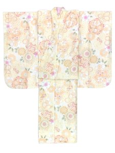 画像3: ジュニアサイズ 振袖 小紋柄 150サイズ 合繊　お正月 卒業式袴に【淡イエロー系、鞠と菊】 (3)