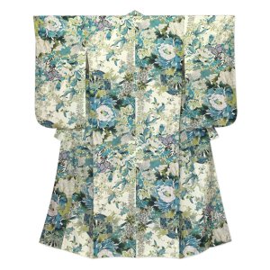 画像2: ジュニアサイズ 振袖 小紋柄 150サイズ 合繊　お正月 卒業式袴に【生成りｘ青緑系、花車】 (2)