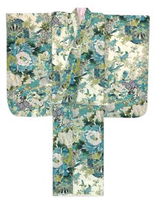 画像3: ジュニアサイズ 振袖 小紋柄 150サイズ 合繊　お正月 卒業式袴に【生成りｘ青緑系、花車】 (3)