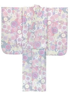 画像3: ジュニアサイズ 振袖 小紋柄 150サイズ 合繊　お正月 卒業式袴に【ベージュｘピンク、パステル菊】 (3)