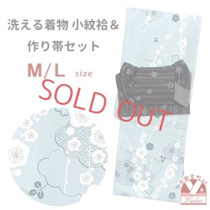 画像1: 洗える着物 小紋 袷 コーディネートセット レディース着物と半幅帯作り帯2点セット 袷M/Lサイズ【水色系、梅と雲】 (1)