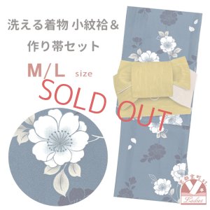 画像1: 洗える着物 小紋 袷 コーディネートセット レディース着物と半幅帯作り帯2点セット 袷M/Lサイズ【藍青系、八重桜】 (1)