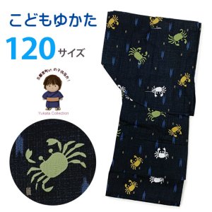 画像1: 子供浴衣 男の子 変わり織 キッズ浴衣 120サイズ【黒地、蟹と矢羽】 (1)