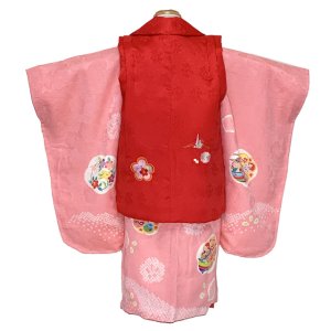 画像3: 七五三 着物 3歳 正絹 フルセット 女の子 友禅 絵羽柄の着物 被布セット【赤ｘピンク、鞠と鈴】 (3)