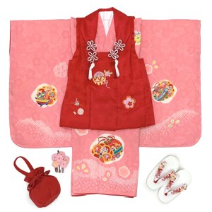 画像4: 七五三 着物 3歳 正絹 フルセット 女の子 友禅 絵羽柄の着物 被布セット【赤ｘピンク、鞠と鈴】 (4)