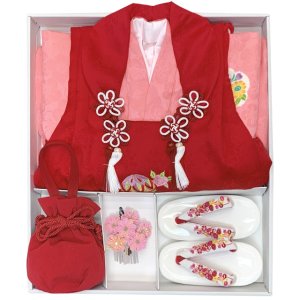 画像10: 七五三 着物 3歳 正絹 フルセット 女の子 友禅 絵羽柄の着物 被布セット【赤ｘピンク、鞠と鈴】 (10)