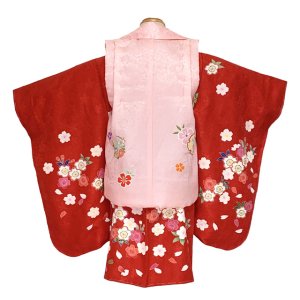 画像3: 七五三 着物 3歳 正絹 フルセット 女の子 友禅 絵羽柄の着物 被布セット【ピンクｘ赤、鞠と桜】 (3)