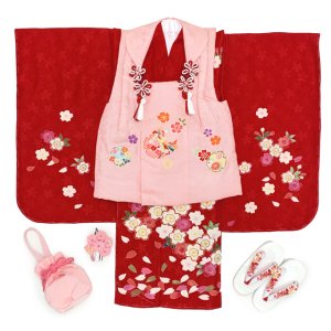画像4: 七五三 着物 3歳 正絹 フルセット 女の子 友禅 絵羽柄の着物 被布セット【ピンクｘ赤、鞠と桜】 (4)