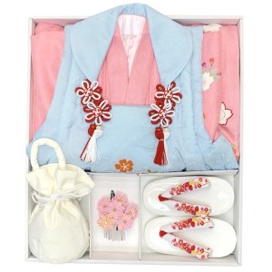 画像10: 七五三 着物 3歳 正絹 フルセット 女の子 友禅 絵羽柄の着物 被布セット【水色ｘピンク、鞠と桜】 (10)