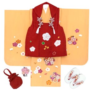 画像4: 【ちょっと訳あり品】七五三 着物 3歳 正絹 フルセット 女の子 友禅 絵羽柄の着物 被布セット【赤ｘ黄色、梅】 (4)