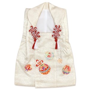 画像5: 七五三 着物 3歳 正絹 フルセット 女の子 友禅 絵羽柄の着物 被布セット【白系x淡黄色、鞠と梅】 (5)