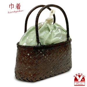 画像1: かご巾着 籠巾着 カゴ巾着 浴衣や着物に 巾着バッグ 籠バッグ 浴衣バッグ 【薄黄緑系、フラワー】 (1)