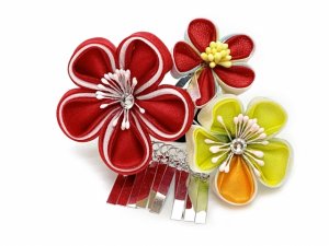 画像3: 七五三 髪飾り 子供髪飾り パッチン留めの摘み花髪飾り 2点セット【赤系、梅】 (3)