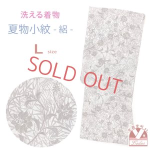 画像1: 洗える着物 絽 駒絽 小紋 夏物 夏きもの レディース Lサイズ【生成りｘ薄茶、ボタニカル柄】 (1)