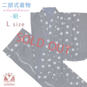 画像1: 夏の二部式着物 洗える着物 絽 小紋柄の着物 Lサイズ【黒紺系、菊小花】 (1)