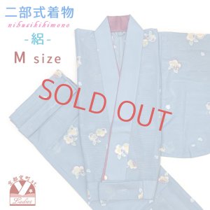 画像1: 夏の二部式着物 洗える着物 絽 小紋柄の着物 Mサイズ【水色系、桜】 (1)