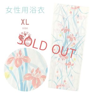 画像1: 綿麻浴衣 レディース XLサイズ 高身長向け 大きめサイズ ゆかた【生成り、菖蒲】 (1)