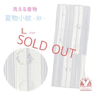画像1: 洗える着物 小紋 紗 夏着物 単品 レディース 仕立て上がり 着物 Lサイズ【生成り、縦縞に花輪】 (1)