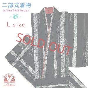 画像1: 夏の二部式着物 洗える着物 紗 小紋柄の着物 Mサイズ【黒系、縞】 (1)