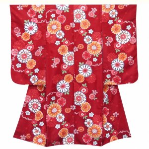 七五三　結び帯セット　5歳用　赤い花柄 着物用小物セット　子供服 七五三 着物 7歳 フルセット 肩揚げ済み 子供着物 結び帯セット