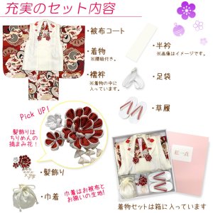 画像2: 七五三 3歳 着物 2025年新作  ”紅一点”ブランド 正絹 被布コートセット【オフホワイトx赤系、ねじ梅・古典柄】 (2)