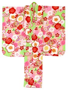 画像2: 七五三 着物 7歳 女の子 ”式部浪漫”ブランド 総柄(小紋柄)の着物 合繊【黄緑、梅】 (2)