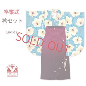 画像1: 卒業式 袴セット 女性用 二尺袖着物 小振袖 ショート丈 刺繍袴 2点セット 合繊【水色、木蓮】 (1)